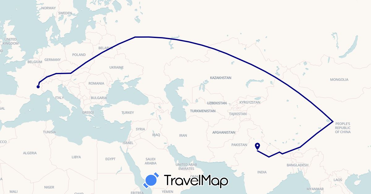 TravelMap itinerary: driving in Austria, Switzerland, China, Germany, France, India, Kazakhstan, Nepal, Russia (Asia, Europe)
