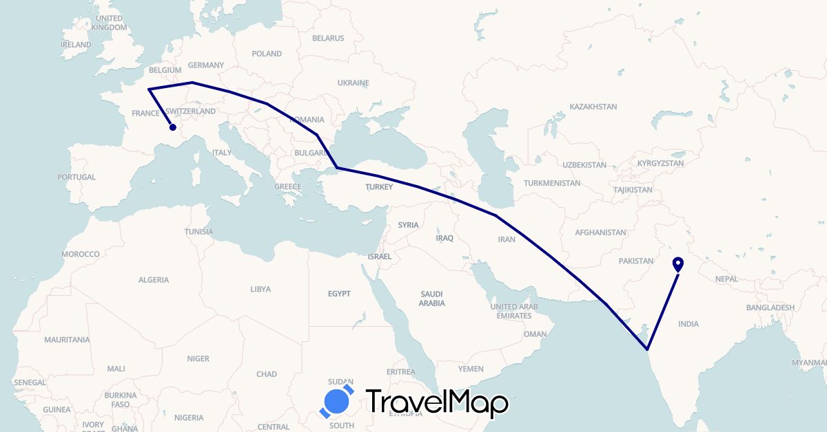 TravelMap itinerary: driving in Germany, France, Hungary, India, Iran, Pakistan, Romania, Turkey (Asia, Europe)